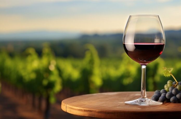 A glass of wine on an old table with a vineyard background